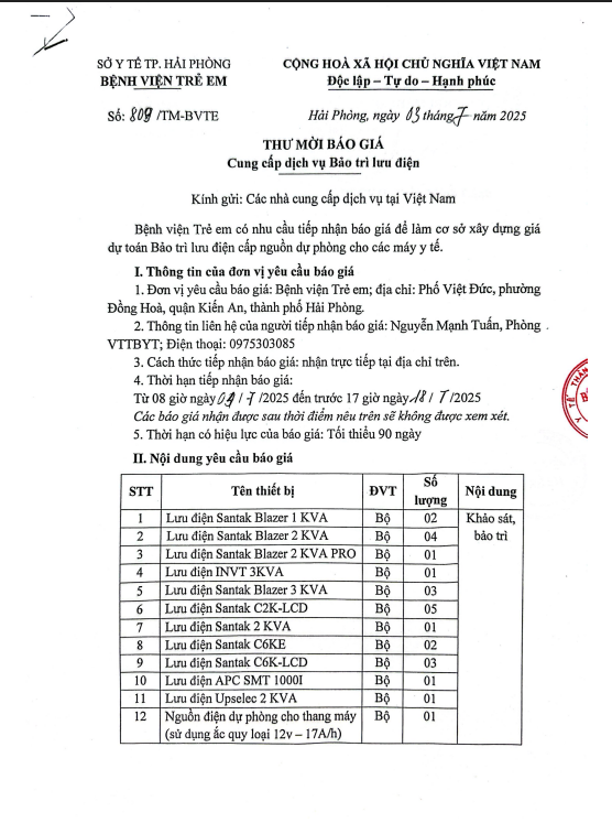 Thư mời báo giá số 809