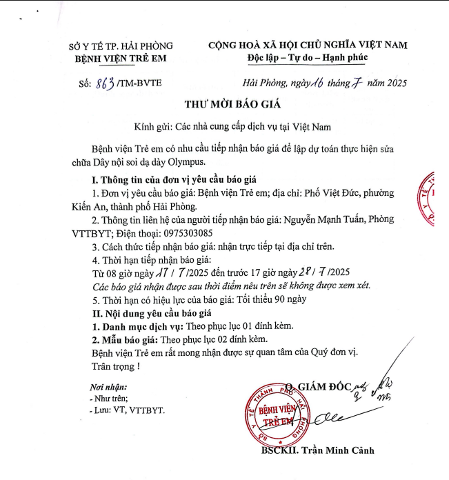 Thư mời báo giá số 863