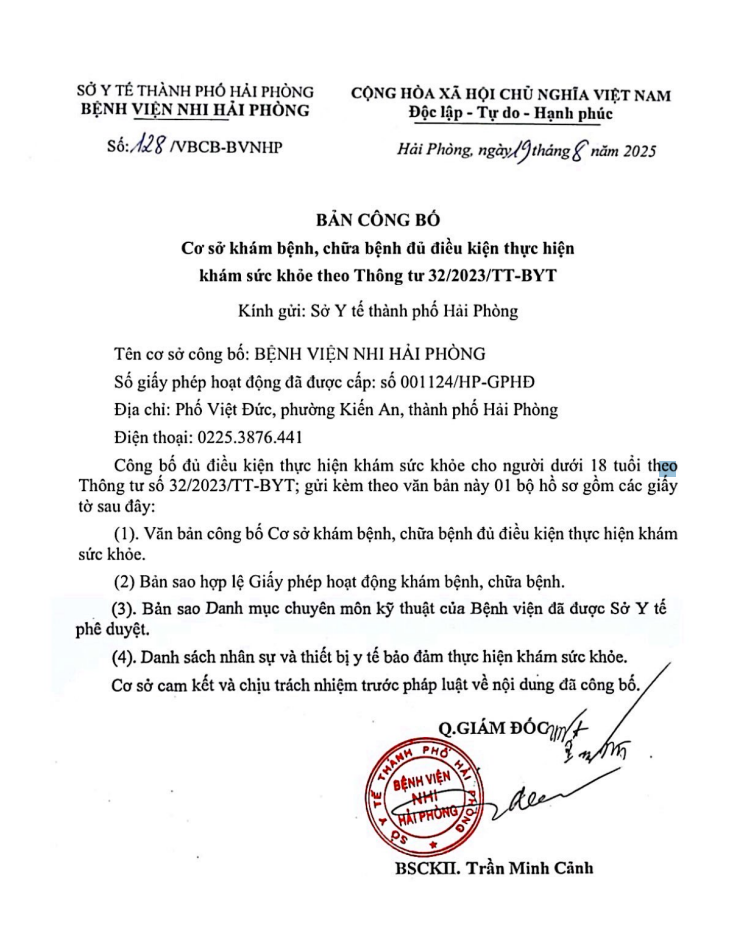 Bản Công bố Cơ sở khám bệnh, chữa bệnh đã đủ điều kiện thực hiện khám sức khỏe